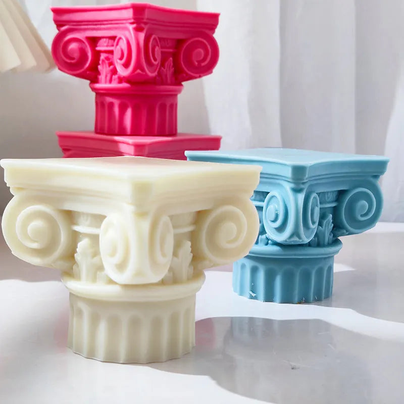 Flexible silicone Roman pillar candle and crafting mould with irregular column shape.