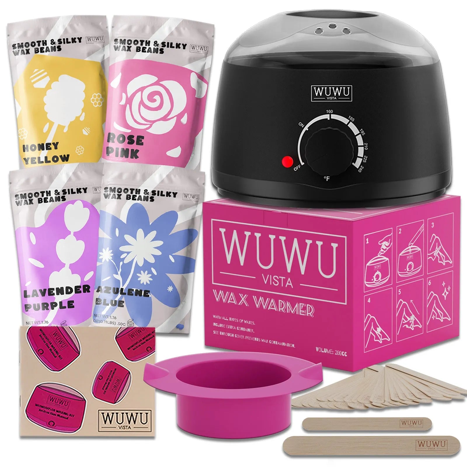 27-piece hair removal wax kit with heated machine, four wax bead colours, and applicator sticks