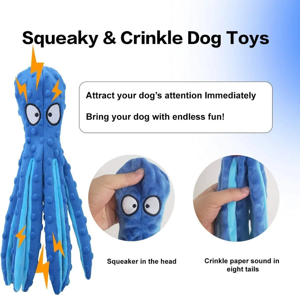 Blue unfilled octopus plush dog toy with crinkle and squeaker sounds on a white background.