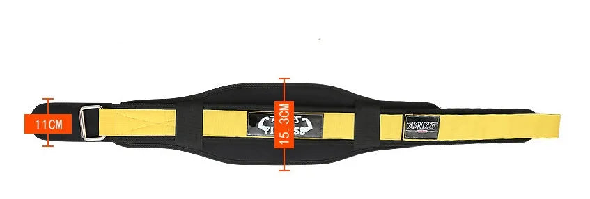 Nylon fitness weightlifting waistband in black, red, and yellow colours showing adjustable design