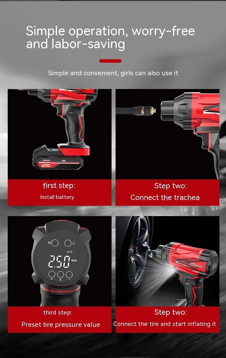 Red and black portable car tyre inflator with wireless charging and 12V cigarette lighter connection