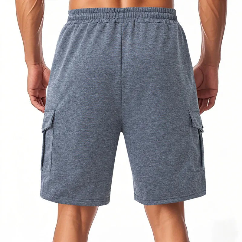Men's loose fit cargo shorts with multiple pockets in light grey terry fabric