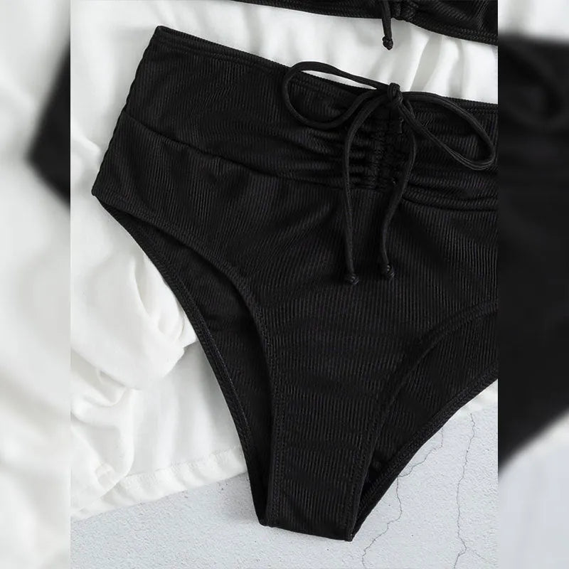 Black women's high waist bikini swimsuit with sling split design and two-piece construction