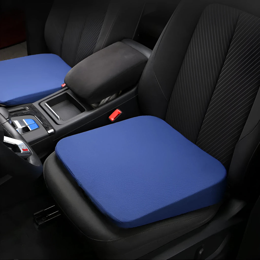 Black car seat cushion showing thickness and dimensions for height adjustment