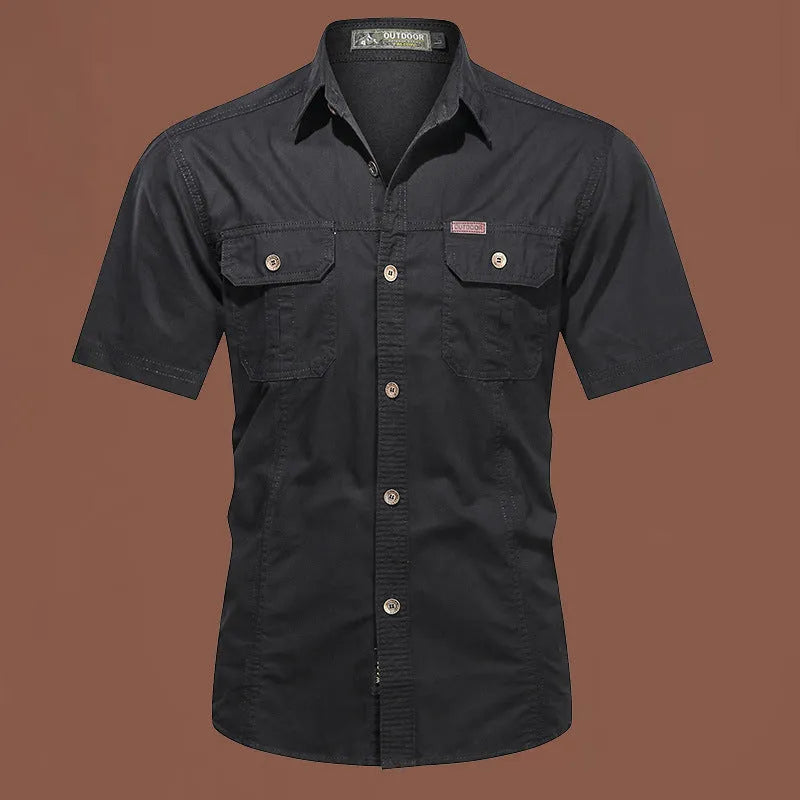 Men's army green cotton short sleeve work shirt with a cardigan style and loose fit.