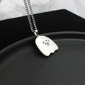 Stainless steel ghost couple necklace with kawaii cat pendant on 60cm water wave chain, polished unisex design