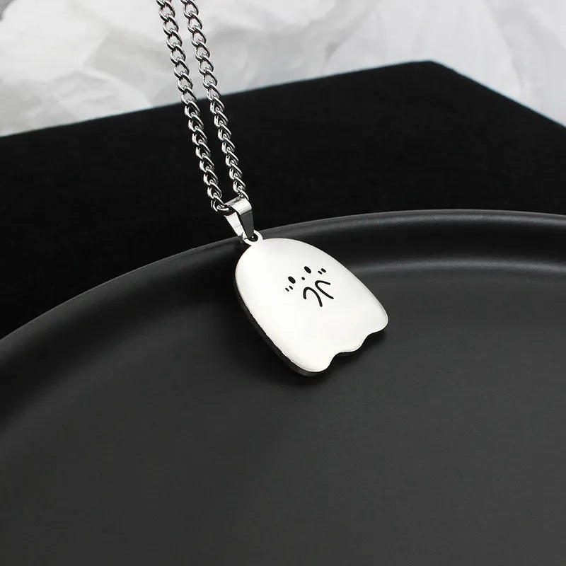 Stainless steel ghost couple necklace with kawaii cat pendant on 60cm water wave chain, polished unisex design
