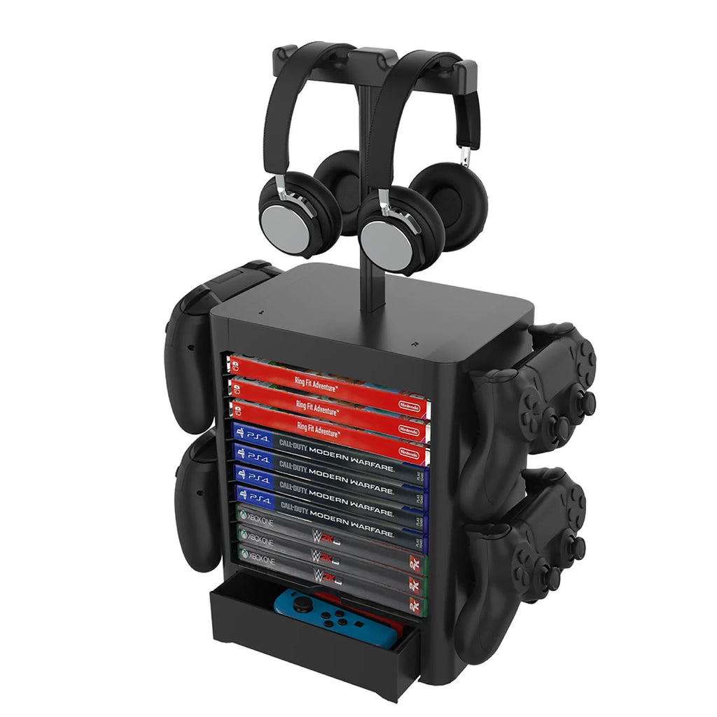 Black ABS plastic gaming accessory storage rack with hooks and a drawer for controllers and headphones