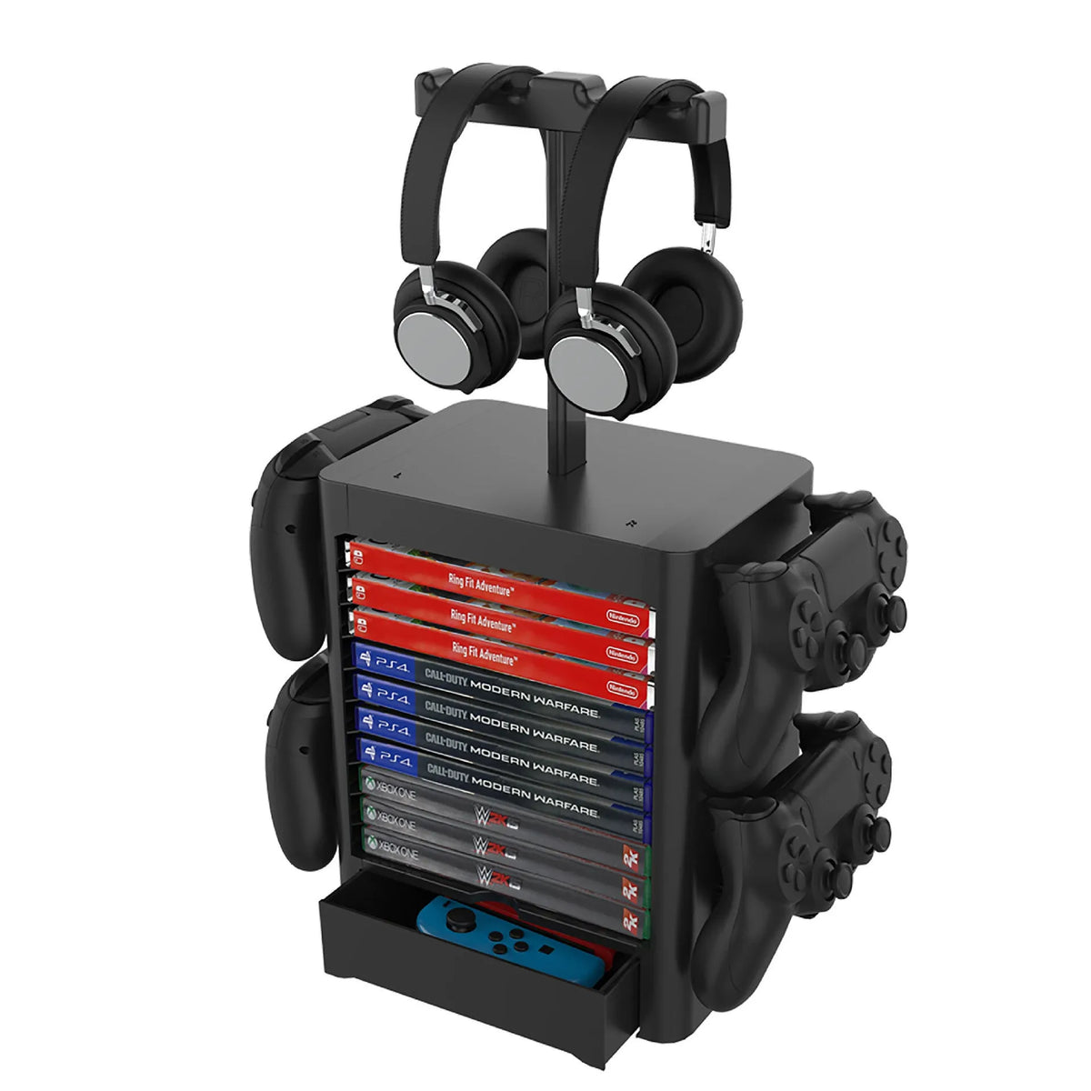 Black ABS plastic gaming accessory storage rack with hooks and a drawer for controllers and headphones