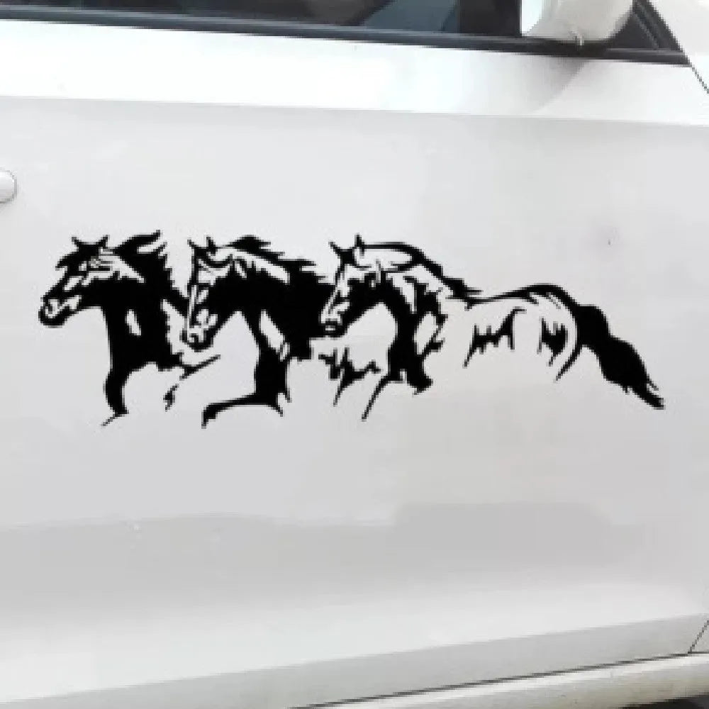 Black, white, red, and blue versions of a 25x8cm steed horse auto decal for vehicles.