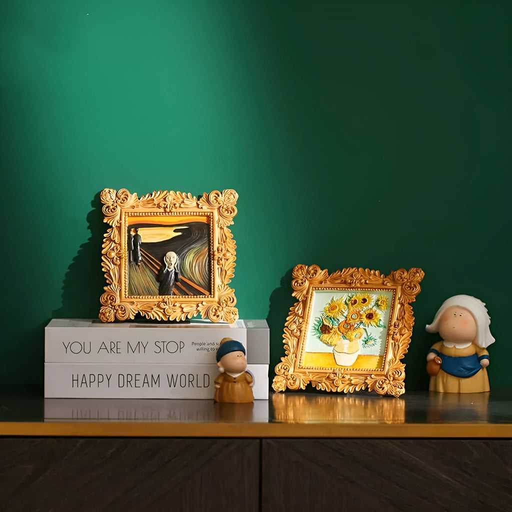 DIY filled oil painting kit showing epoxy pottery canvas, propylene paints, brushes and a framed finished artwork example.