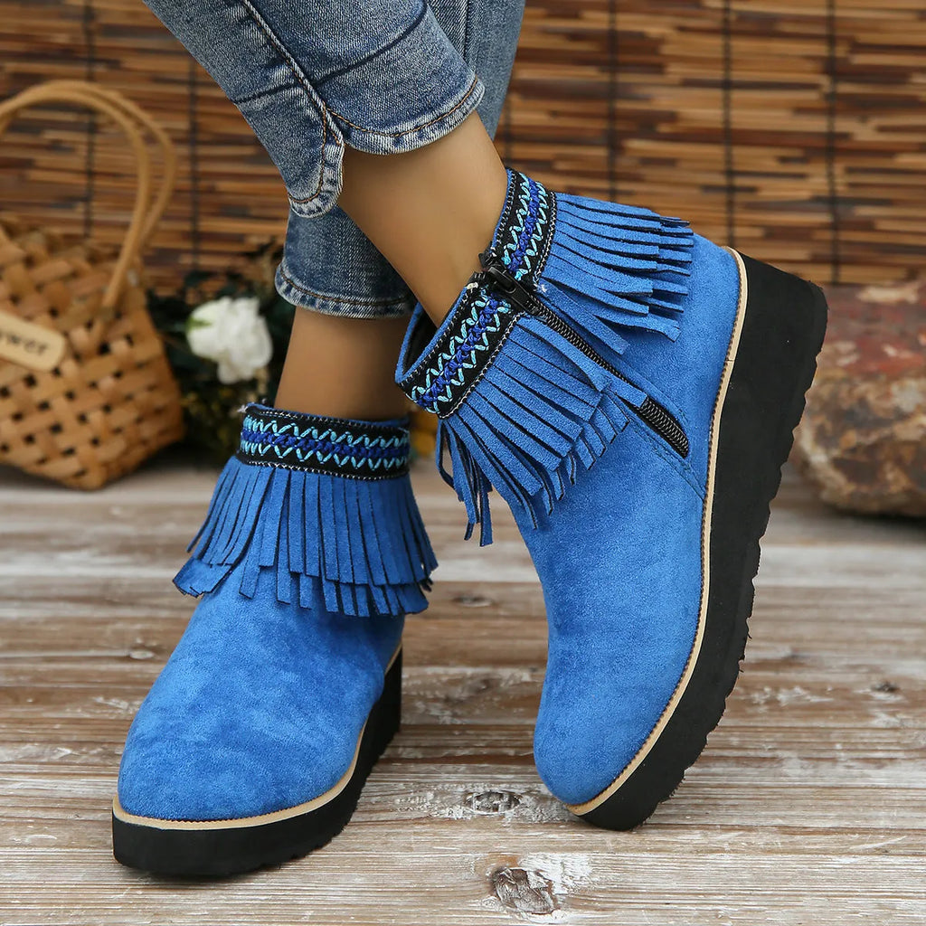 Women's suede wedge ankle booties with side zipper and thick rubber sole in black colour