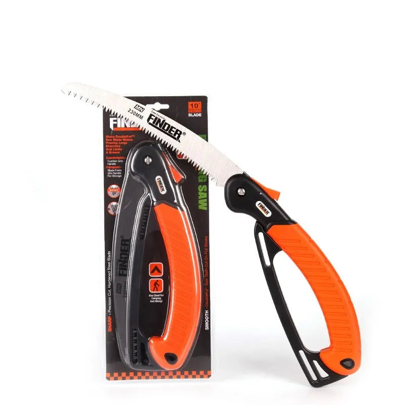 230mm folding hand saw with TPR grip extended for cutting with measurements showing