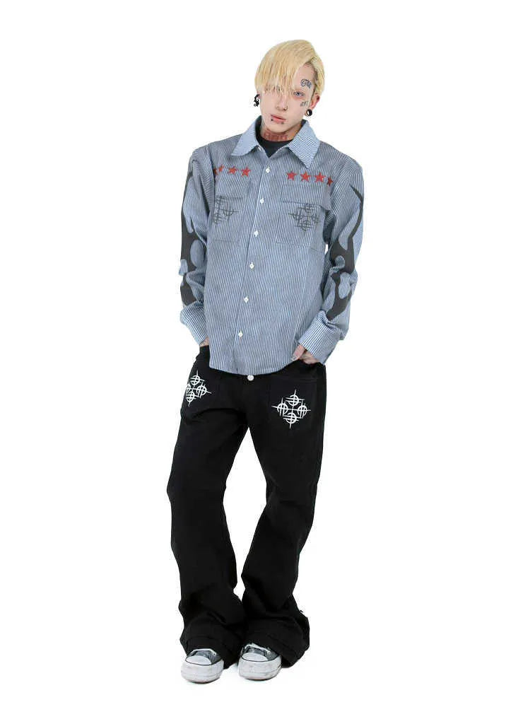Men's washed blue striped denim shirt with lapel collar and long sleeves on hanger