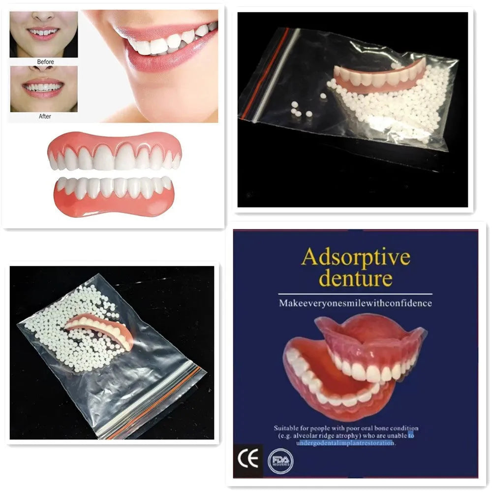 Silicone simulation smile dentures with upper and lower teeth in colour box packaging for dental training