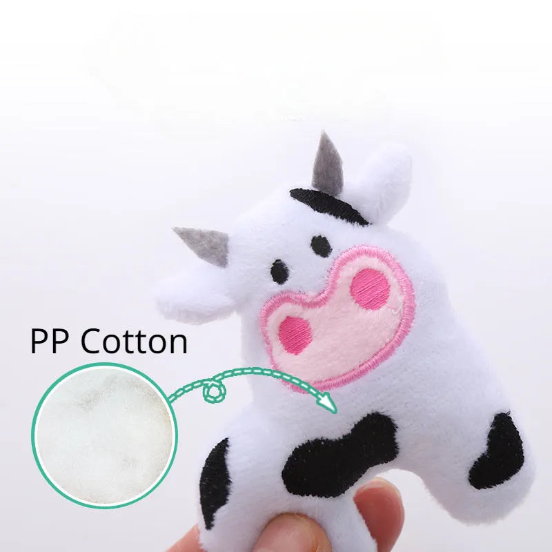 Cow-shaped plush cat toy with parrot design featuring soft fabric and cotton filling