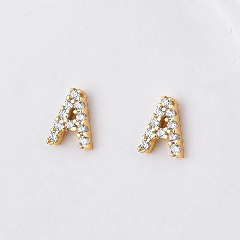 Gold plated alphabet letter earrings showing English characters A to Z with zircon decorative accents