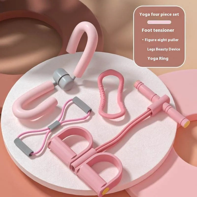 Yoga four-piece fitness set showing a leg stretching device, yoga ring, pedal expander, and figure-eight tension rope.