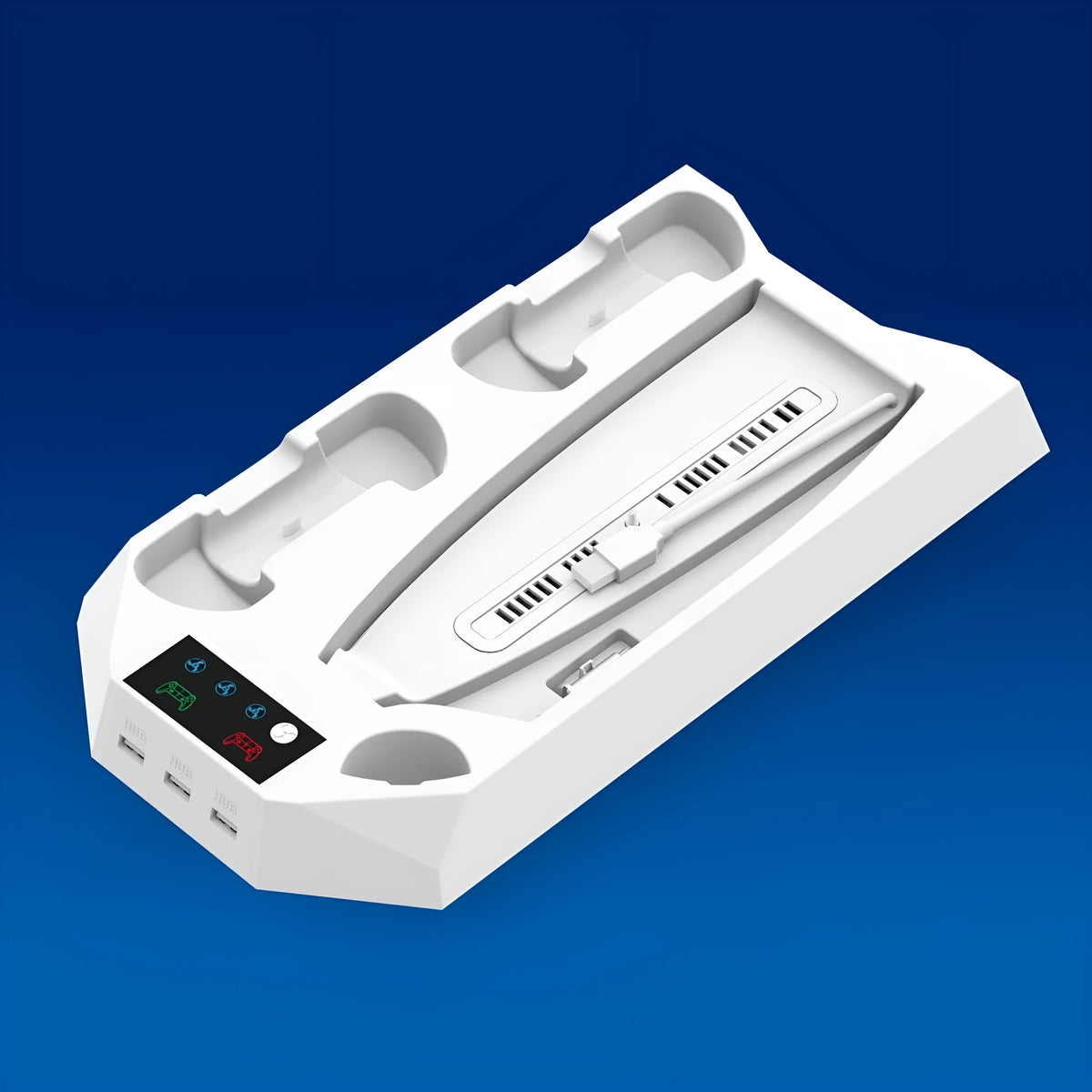 White PS5 charging and radiator dock base with controller storage, shown next to a console