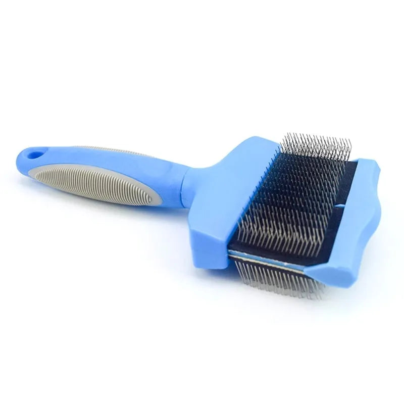 Double-sided pet brush with stainless steel pins and ABS handle in blue or pink colours