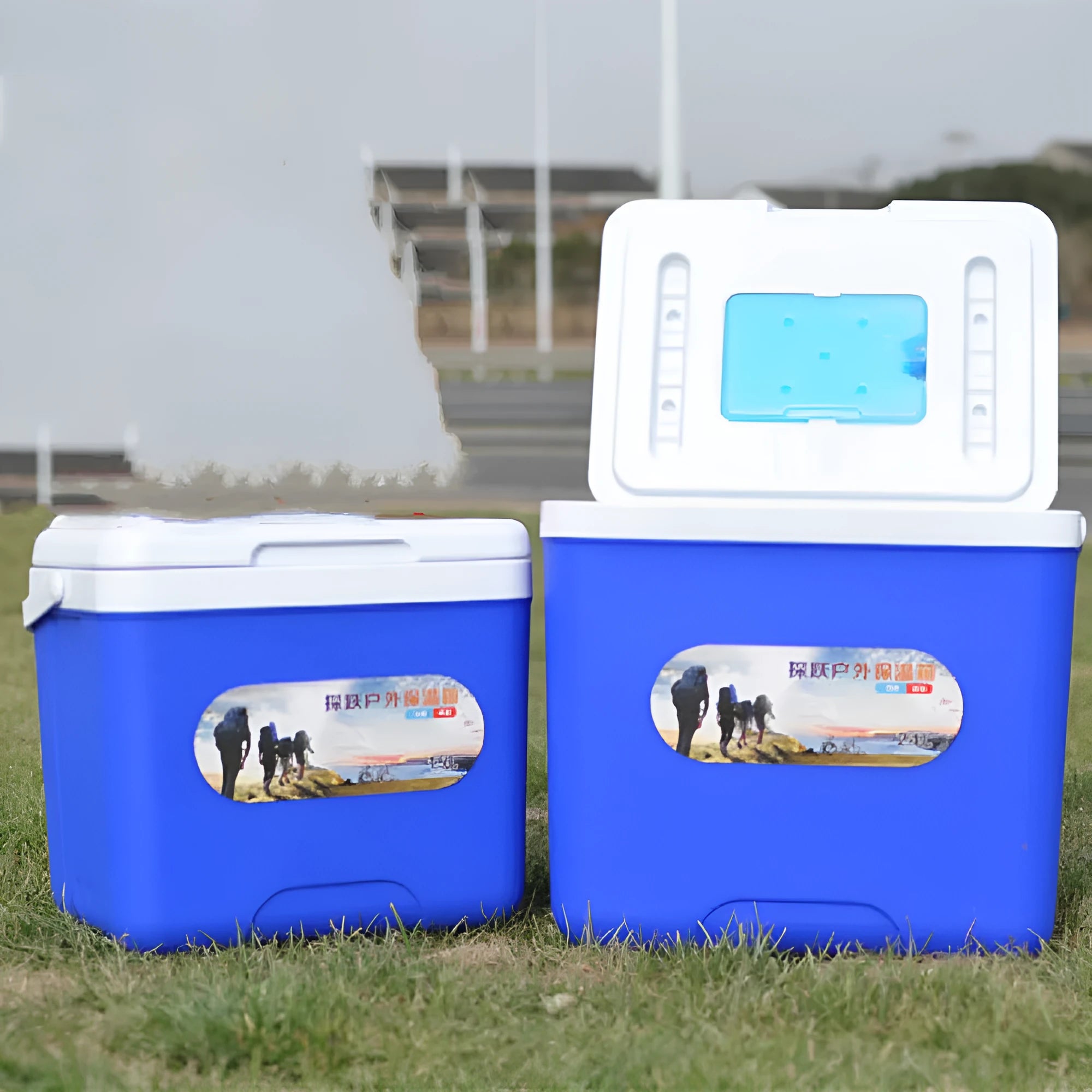 Blue portable insulated cooler box with aluminium foil lining, showing various capacity size options.
