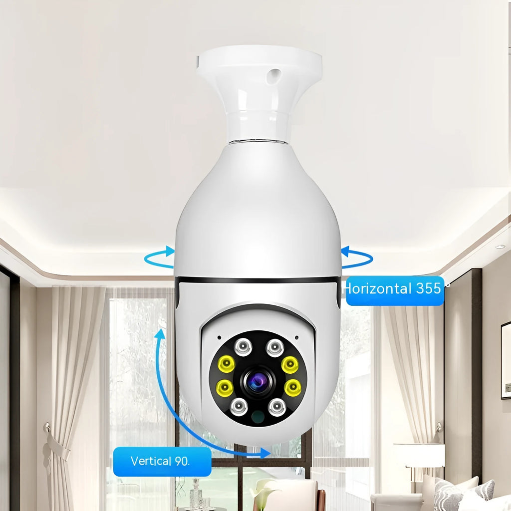 White wireless bulb security camera with lens, dimensions 5cm by 12cm