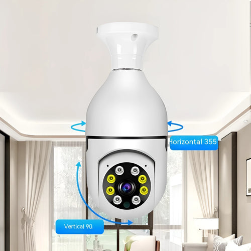 White wireless bulb security camera with lens, dimensions 5cm by 12cm