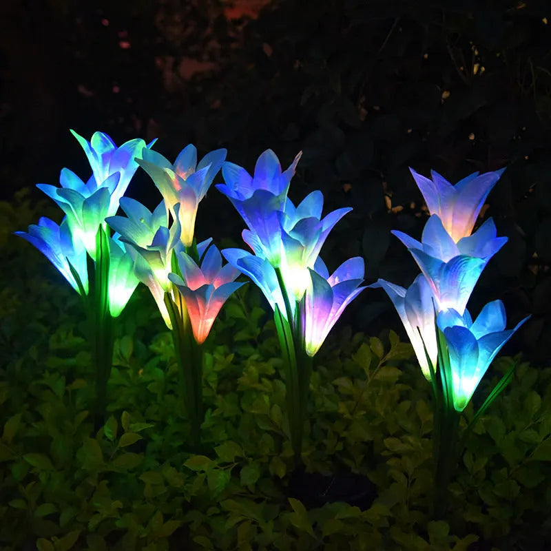 Solar-powered flower-shaped garden lantern with IP65 waterproof rating for outdoor use.