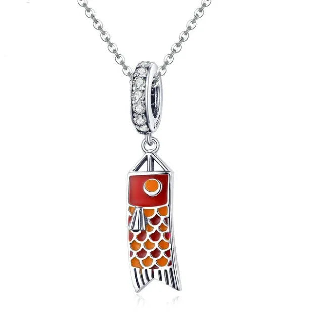 S925 sterling silver carp streamer pendant necklace with zircon stone on a chain.
