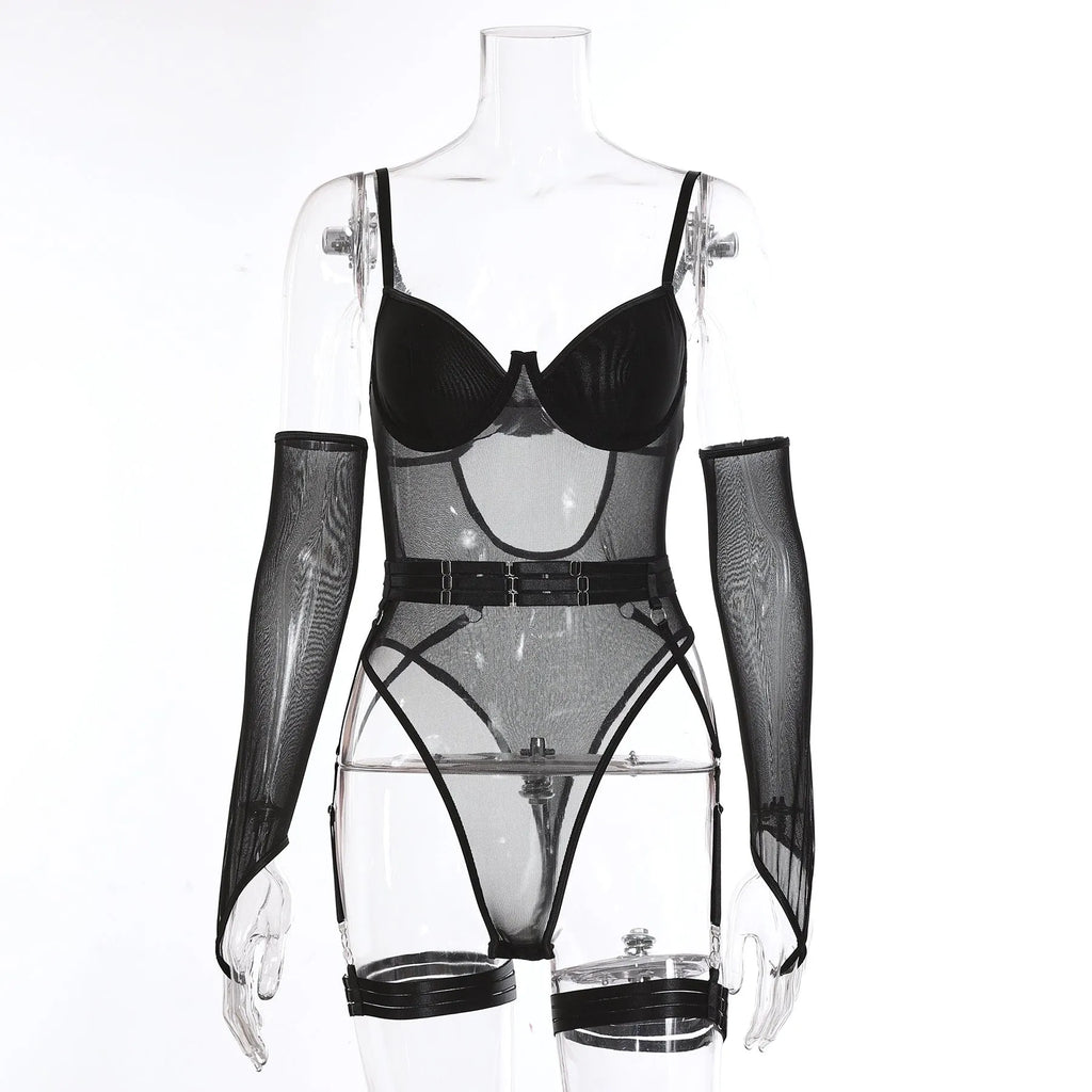 Women's see-through mesh jumpsuit in black on a mannequin showing form-fitting design