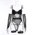 Women's see-through mesh jumpsuit in black on a mannequin showing form-fitting design