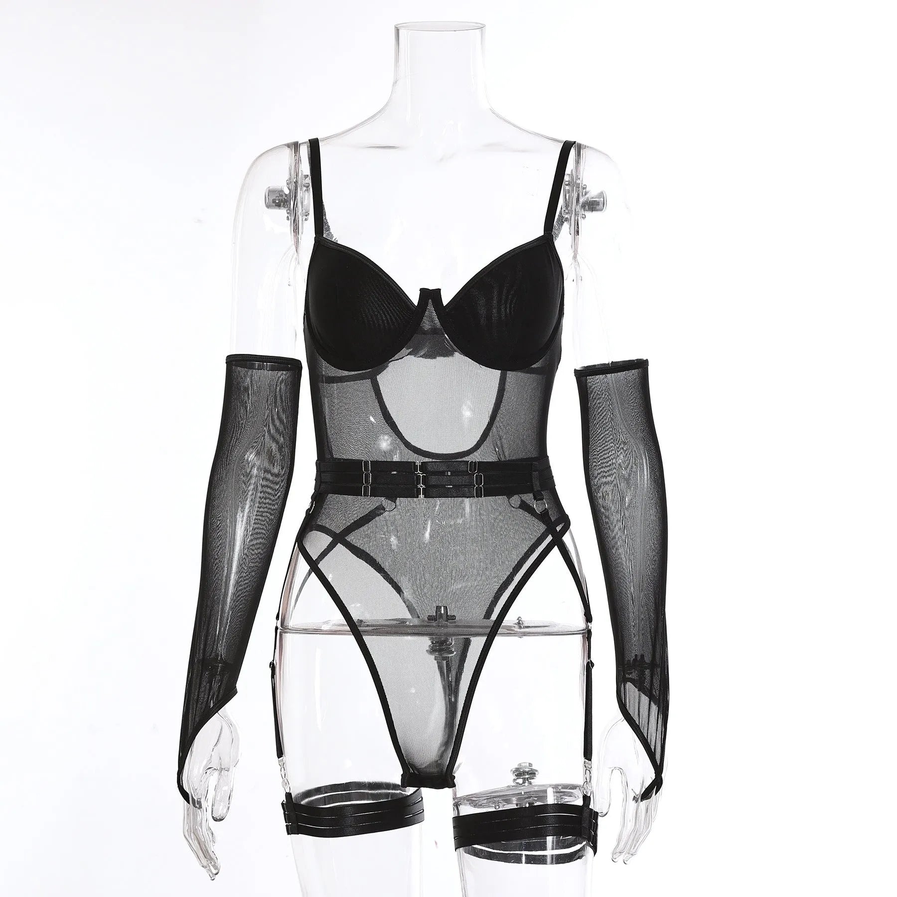 Women's see-through mesh jumpsuit in black on a mannequin showing form-fitting design