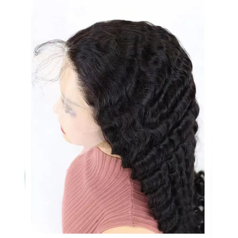Solid colour half lace front human hair wig on a stand, showing long length options.