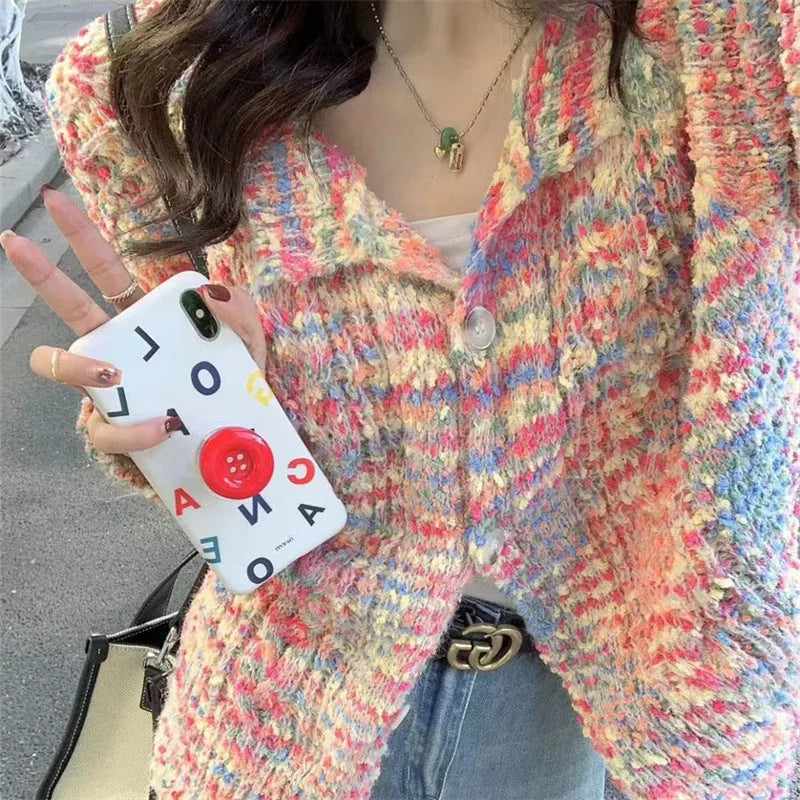 Rainbow pattern acrylic knitted cardigan in pink or green ice cream colours with slim fit