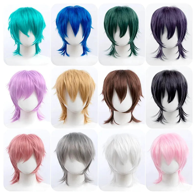 Short black and blue anime cosplay wig for men on a stand