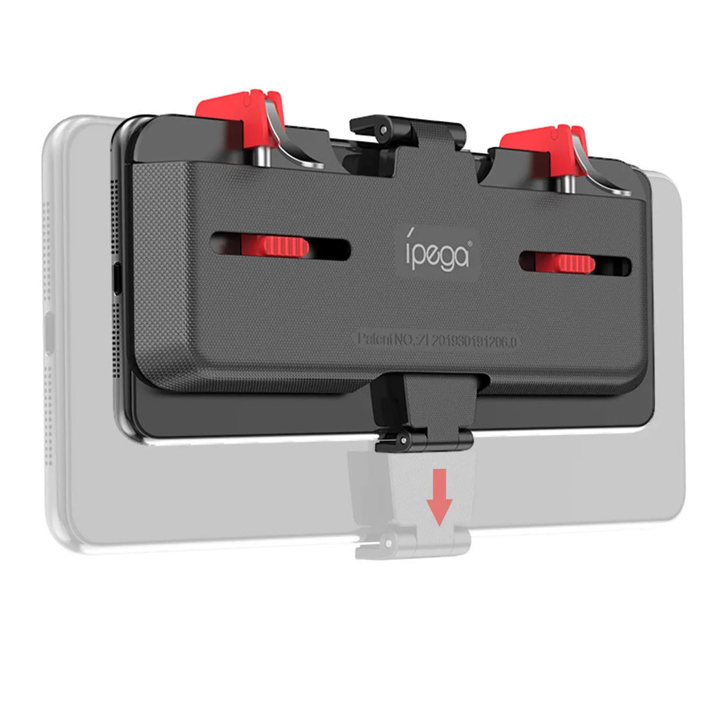 Black PG-9137 mobile phone game bracket with adjustable trigger and telescopic side clip extended.