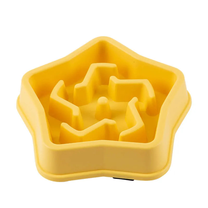 Yellow plastic dog slow feeding bowl with rough base design to prevent choking, 20.1cm diameter