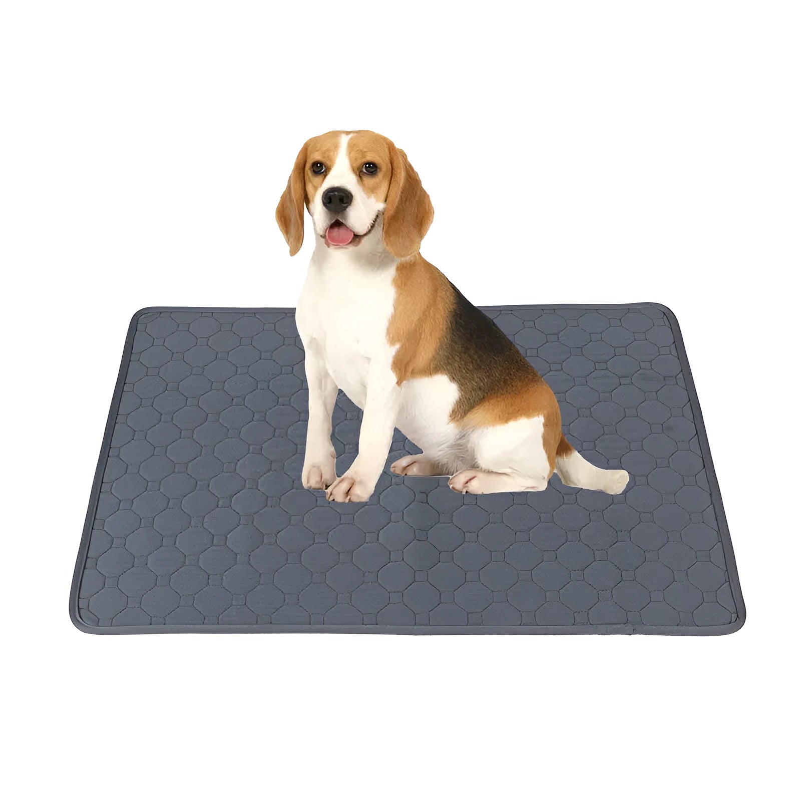 Grey and tan washable dog pee pads showing waterproof backing and size options