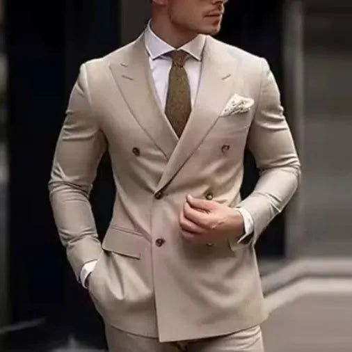 Man modelling a slim fit grey two-piece Korean style business suit.