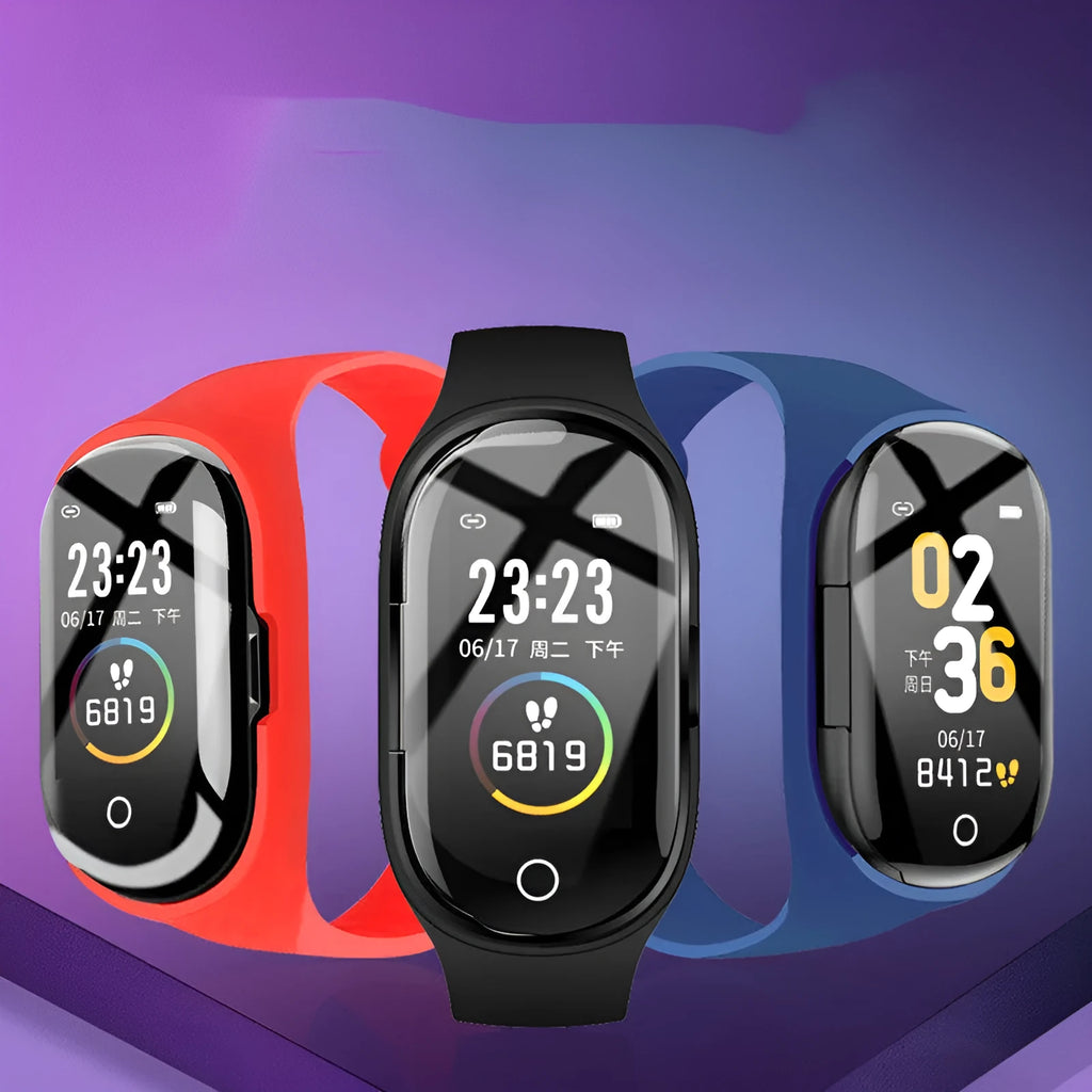 Smart bracelet earphone combo in silicone wristband with 1-inch screen, shown in black, blue, and red.