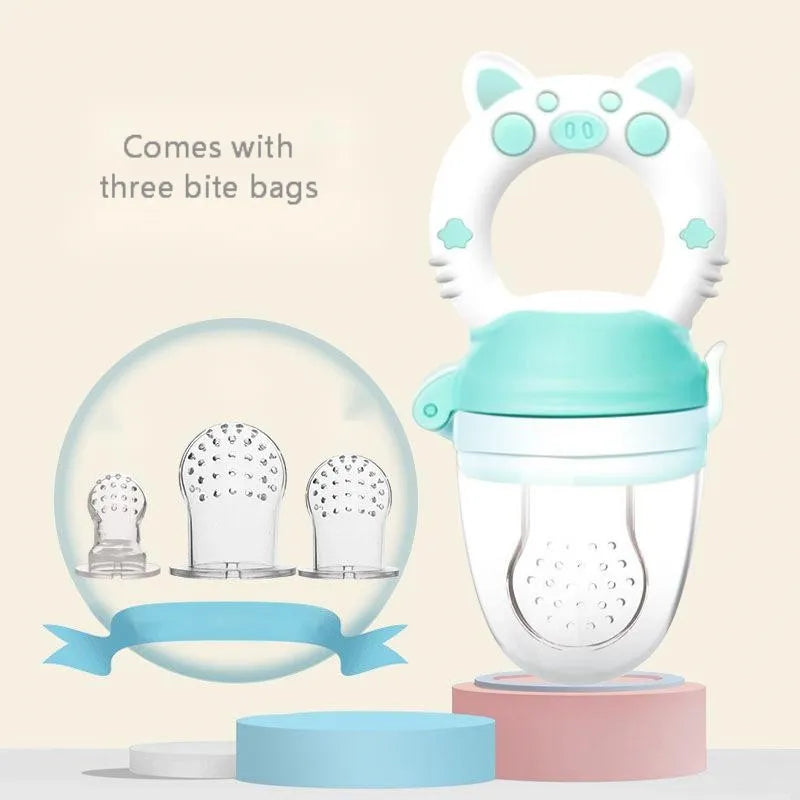 Silicone baby teether in blue, green, or pink with textured mouthpiece for infant gum relief