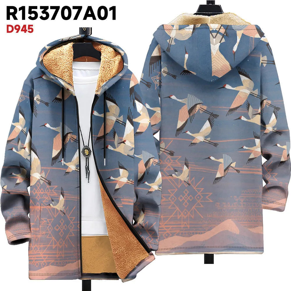 Men's loose fit hooded cardigan with zip front in multicolour printed pattern