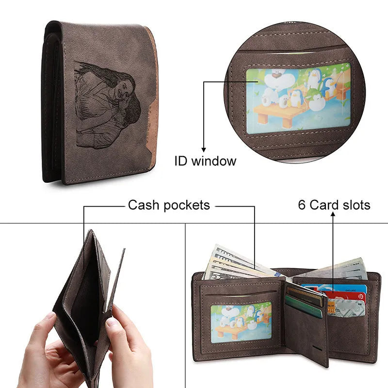 Coffee coloured engraved horizontal short PU wallet showing seven card slots.