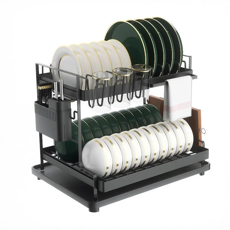 White double-layer removable wire kitchen storage rack with two baskets on a countertop