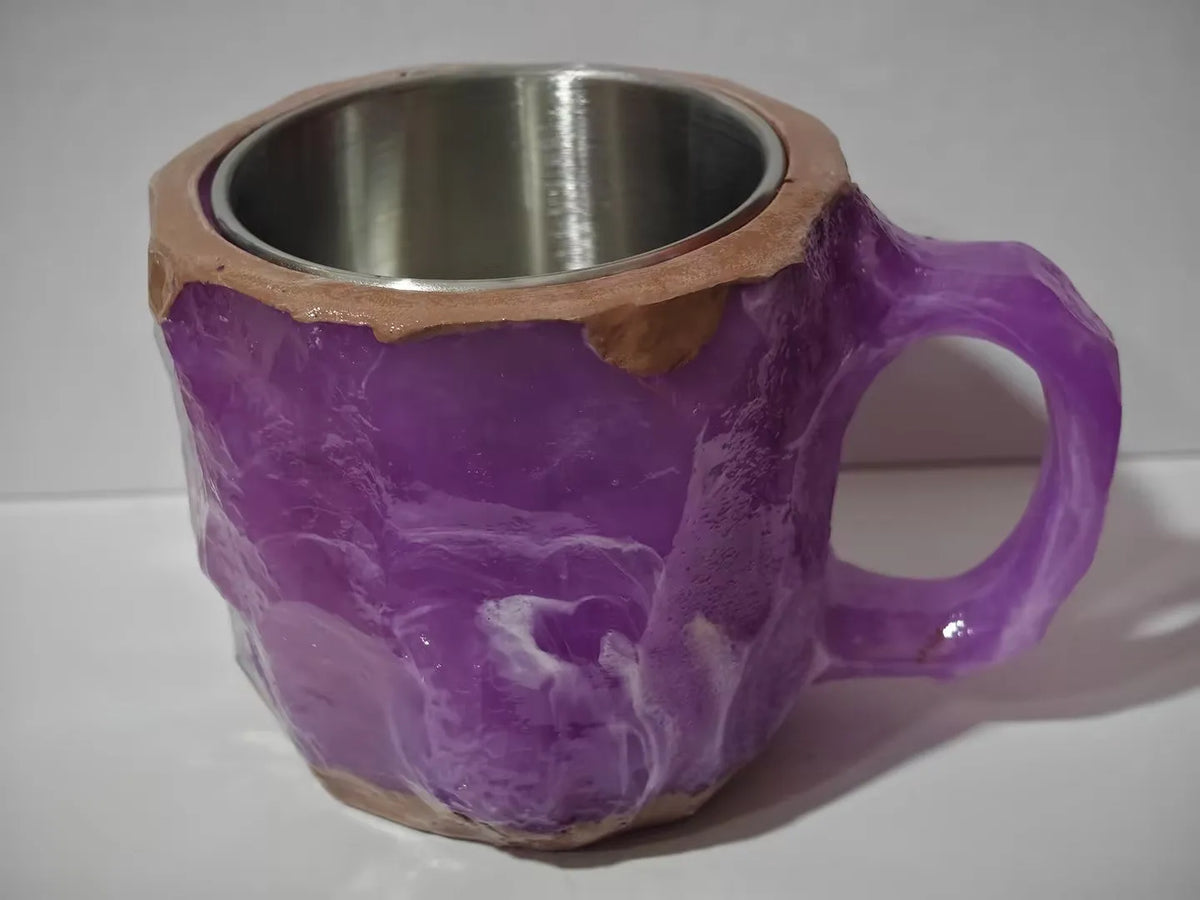 Clear resin coffee mug with crystal texture and handle in assorted colours
