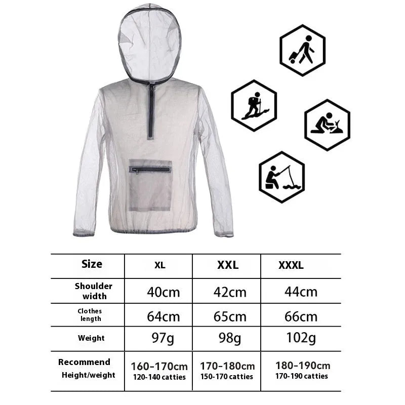 Smoky grey mesh insect-proof jacket for outdoor sports like hiking and camping.