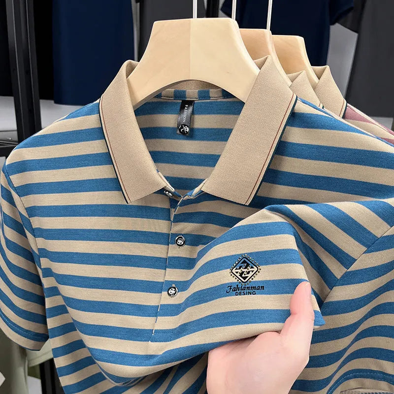 Men's striped casual short sleeve shirt with mosaic pattern in polyester fibre fabric