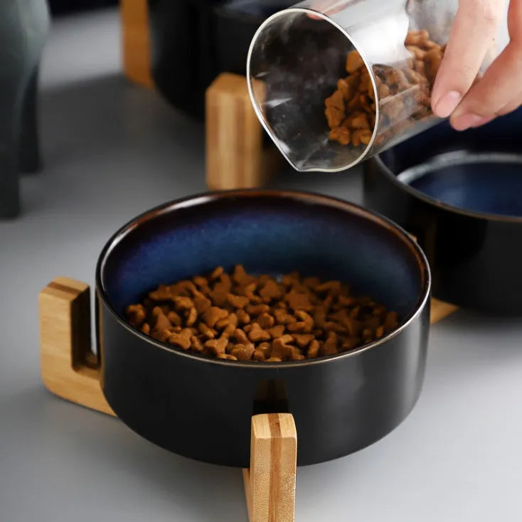 Ceramic cat bowl in 13cm or 15.5cm with Bowl, Double Wooden, or Wooden frame style
