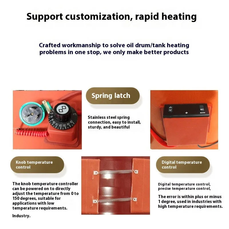 Silicone rubber heating belt wrapped around a 200-litre oil drum with digital thermostat display.