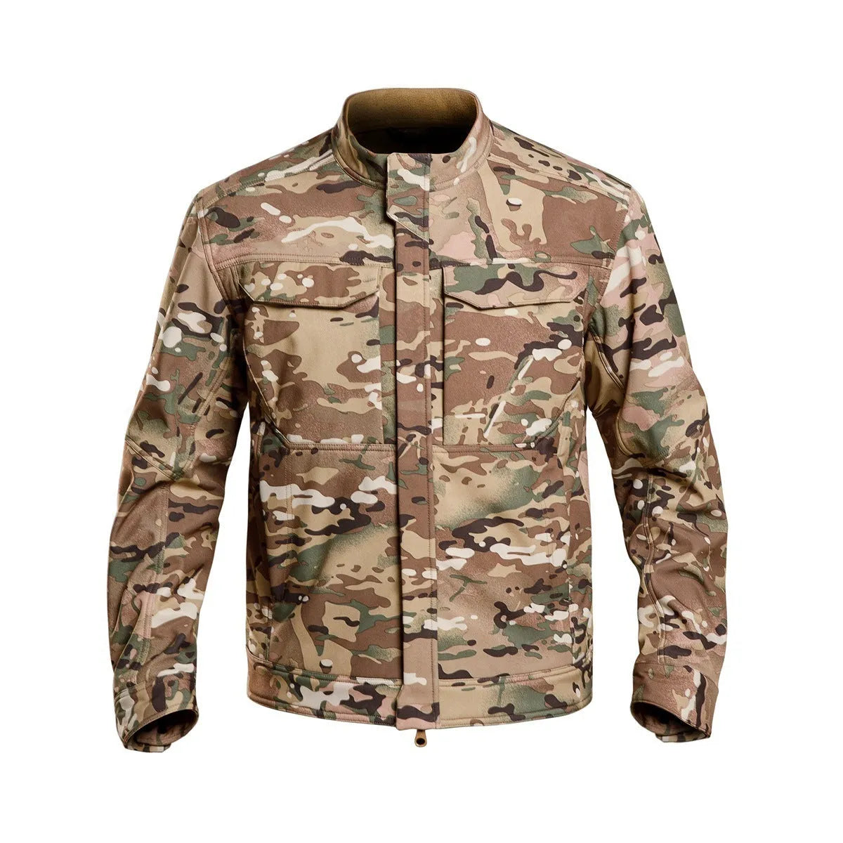 CP camouflage soft shell tactical jacket for mountaineering and camping on a mannequin